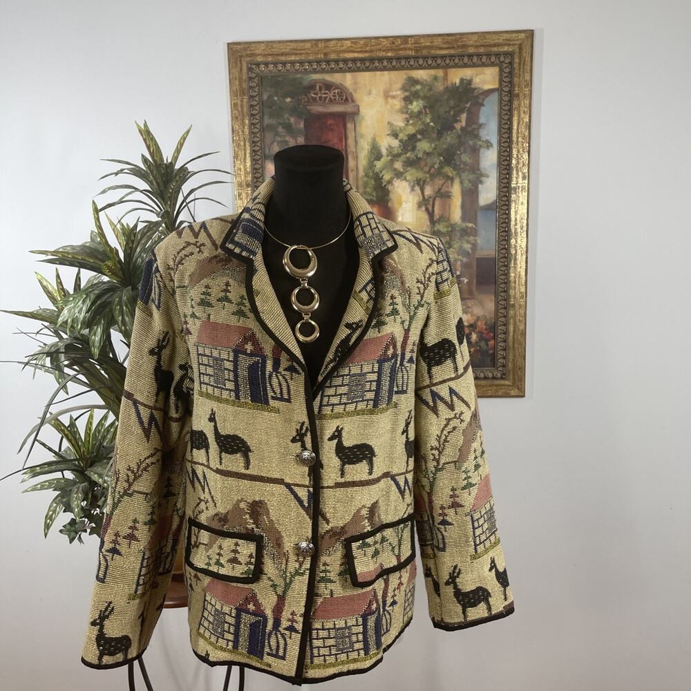 Habitat Kuspokus Women Jacket Size M Southwestern Tapestry Llama Print Mob Wife